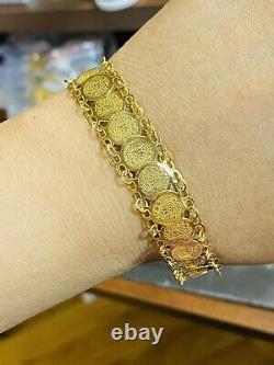 21k 875 Fine Solid Gold Real Womens Coin Bracelet 8 Long 14mm 9.3g Fast Ship