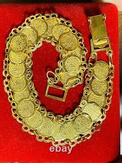 21k 875 Fine Solid Gold Real Womens Coin Bracelet 8 Long 14mm 9.3g Fast Ship