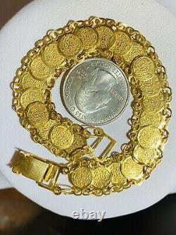 21k 875 Fine Solid Gold Real Womens Coin Bracelet 8 Long 14mm 9.3g Fast Ship