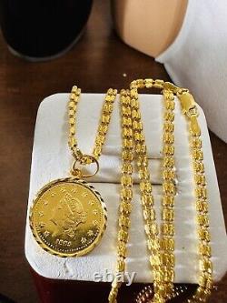 22K 916 Fine Yellow Saudi Dubai Gold Women 20 Long Coin Set Necklace 15g3.2mm