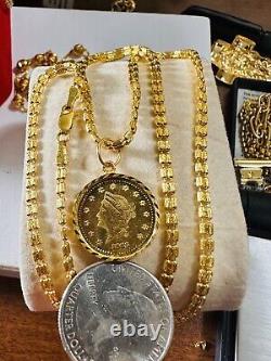 22K 916 Fine Yellow Saudi Dubai Gold Women 20 Long Coin Set Necklace 15g3.2mm