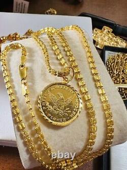 22K 916 Fine Yellow Saudi Dubai Gold Women 20 Long Coin Set Necklace 15g3.2mm