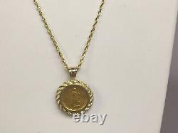 22K FINE GOLD 1/10 OZ LADY LIBERTY COIN set WITH -14K ROPE FRAME PENDANT