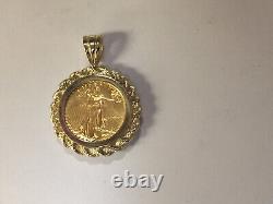 22K FINE GOLD 1/10 OZ LADY LIBERTY COIN set WITH -14K ROPE FRAME PENDANT