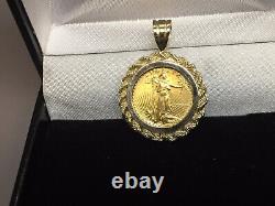 22K FINE GOLD 1/10 OZ LADY LIBERTY COIN set WITH -14K ROPE FRAME PENDANT