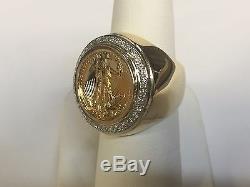 22K FINE GOLD 1/10 OZ US LIBERTY COIN. 36 TCW diamonds in Heavy 14k Gold Ring