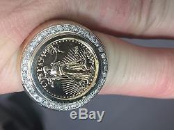 22K FINE GOLD 1/10 OZ US LIBERTY COIN. 36 TCW diamonds in Heavy 14k Gold Ring