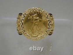 22K FINE GOLD 1/10 OZ US LIBERTY COIN in 14k Solid Yellow Gold Ring withGarnets