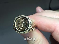 22K FINE GOLD 1/10 OZ US LIBERTY COIN in 14k Yellow Gold Nugget Mens Ring 22 MM