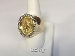 22K FINE GOLD 1/4 OZ LADY LIBERTY COIN 1.75 TCW diamonds in Heavy 14k Gold Ring