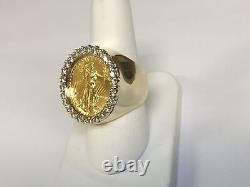 22K FINE GOLD 1/4 OZ LADY LIBERTY COIN 2.05 TCW diamonds in Heavy 14k Gold Ring