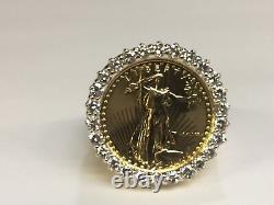 22K FINE GOLD 1/4 OZ LADY LIBERTY COIN 2.05 TCW diamonds in Heavy 14k Gold Ring