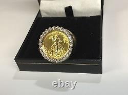 22K FINE GOLD 1/4 OZ LADY LIBERTY COIN 2.05 TCW diamonds in Heavy 14k Gold Ring