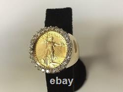 22K FINE GOLD 1/4 OZ LADY LIBERTY COIN 2.05 TCW diamonds in Heavy 14k Gold Ring