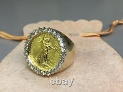 22K FINE GOLD 1/4 OZ LADY LIBERTY COIN 2.05 TCW diamonds in Heavy 14k Gold Ring