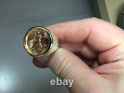 22K FINE GOLD 1/4oz US LIBERTY COIN IN 14 KT SOLID YELLOW GOLD MENS RING 25MM