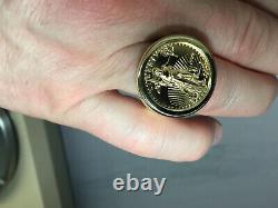 22K FINE GOLD 1/4oz US LIBERTY COIN IN 14 KT SOLID YELLOW GOLD MENS RING 25MM