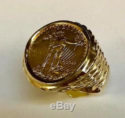 22K FINE GOLD 1/4oz US LIBERTY COIN IN 14 KT SOLID YELLOW GOLD MENS RING 25MM