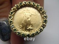 22K Fine Gold 1/10 OZ Liberty Coin 14K Gold Nugget & Emerald Chip Ring Size 10