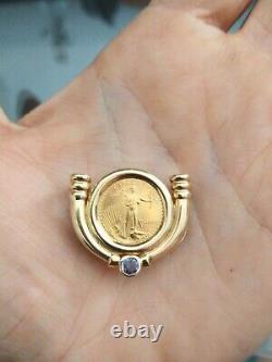 22K Fine Gold 1/10 oz. Liberty Coin with 14K Pendant Frame withTanzanite