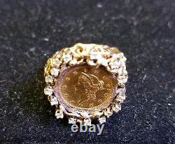 22K Fine Gold 1852 Liberty Head Gold Coin. 24 TCW diamonds 14k Gold Ring Jewelry