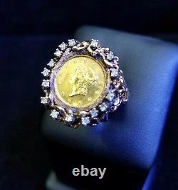 22K Fine Gold 1852 Liberty Head Gold Coin. 24 TCW diamonds 14k Gold Ring Jewelry