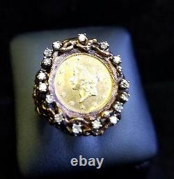 22K Fine Gold 1852 Liberty Head Gold Coin. 24 TCW diamonds 14k Gold Ring Jewelry