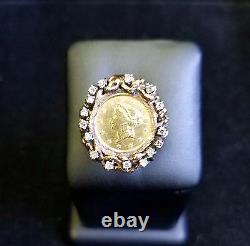 22K Fine Gold 1852 Liberty Head Gold Coin. 24 TCW diamonds 14k Gold Ring Jewelry