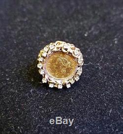 22K Fine Gold 1852 Liberty Head Gold Coin. 25 TCW diamonds 14k Gold Ring Jewelry
