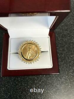 22K Fine Gold Lady Liberty Coin Ring with Diamond Halo. 66cttw 1/10oz US 14k gold
