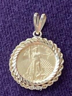 22K Fine Gold Lady Liberty Coin Set In 14k Diamond Cut Twisted Rope Bezel
