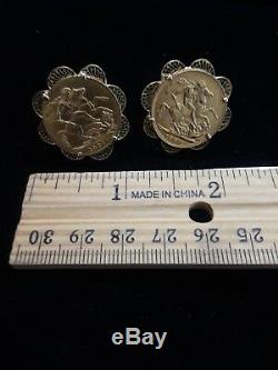 22K Gold FULL SOVEREIGN1920+1927 KING GEORGE V COINS in 18K Gold Mount EARRINGS