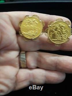 22K Gold FULL SOVEREIGN1920+1927 KING GEORGE V COINS in 18K Gold Mount EARRINGS