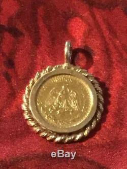 22K Gold Mexico Coin 1945 Dos Pesos 14K Frame Charm Pendant 3.6gr