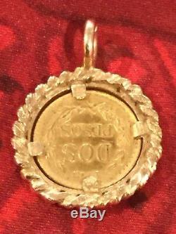 22K Gold Mexico Coin 1945 Dos Pesos 14K Frame Charm Pendant 3.6gr