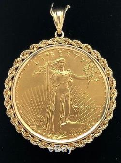 22K Liberty $50 Dollars 1 OZ Fine U. S. Gold Coin in 14K Gold Rope Bezel Pendant