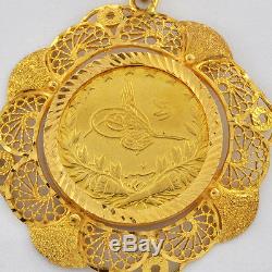 22K Old Turkey Gold Coin Set Within Fancy Handmade 21k Solid Gold Bezel Pendant