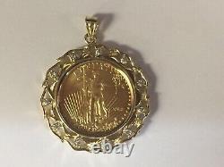 22KT Fine Gold 1/4 OZ Lady Liberty Coin With 0.11TCW Ddiamond-14KT FRAME PENDANT