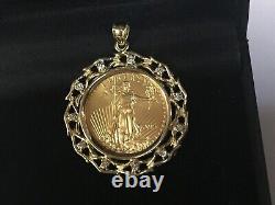 22KT Fine Gold 1/4 OZ Lady Liberty Coin With 0.11TCW Ddiamond-14KT FRAME PENDANT