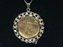 22KT Fine Gold 1/4 OZ Lady Liberty Coin With 0.11TCW Ddiamond-14KT FRAME PENDANT