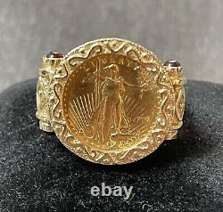 22k Fine Gold 1/10 Oz Us Liberty Coin In 14k Gold Ring With 4 Red Garnets-0.31oz
