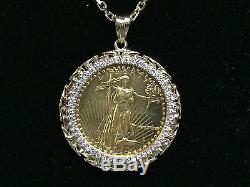 22k Fine Gold 1 Oz Lady Liberty Coin With 2.65 Tcw Diamonds-14k Frame Pendant