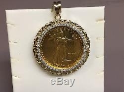 22k Fine Gold 1 Oz Lady Liberty Coin With 2.65 Tcw Diamonds-14k Frame Pendant