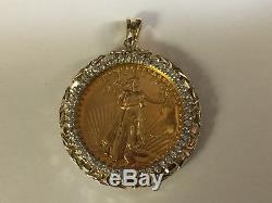 22k Fine Gold 1 Oz Lady Liberty Coin With 2.65 Tcw Diamonds-14k Frame Pendant