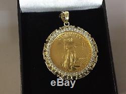 22k Fine Gold 1 Oz Lady Liberty Coin With 2.65 Tcw Diamonds-14k Frame Pendant