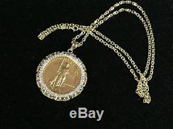 22k Fine Gold 1 Oz Lady Liberty Coin With 2.65 Tcw Diamonds-14k Frame Pendant