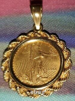 22k Fine Gold Vintage 1998 Lady Liberty Coin Pendant With14k Gold Rope Frame