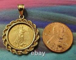 22k Fine Gold Vintage 1998 Lady Liberty Coin Pendant With14k Gold Rope Frame