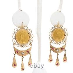 22k Gold Coin Ruby Diamond 14k Frame Victorian Dangle Earrings 10 Korona Hungary