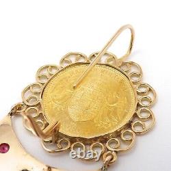 22k Gold Coin Ruby Diamond 14k Frame Victorian Dangle Earrings 10 Korona Hungary